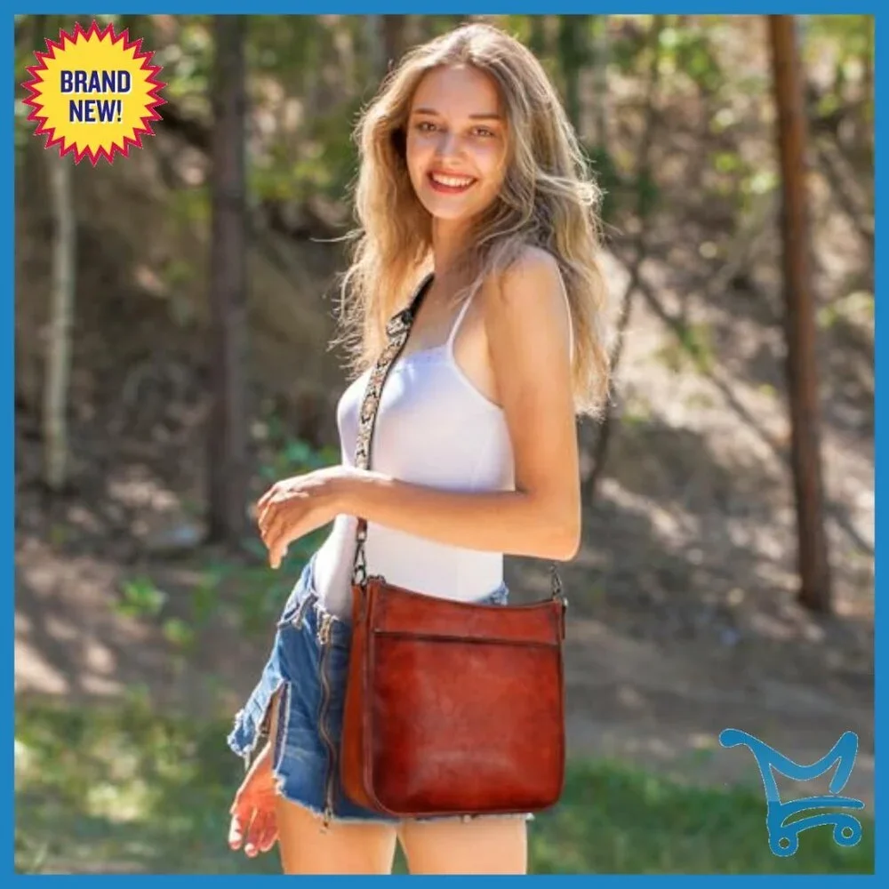 Genuine Leather Crossbody Bag with Guitar Strap, Multi-Pocket Hobo Purse